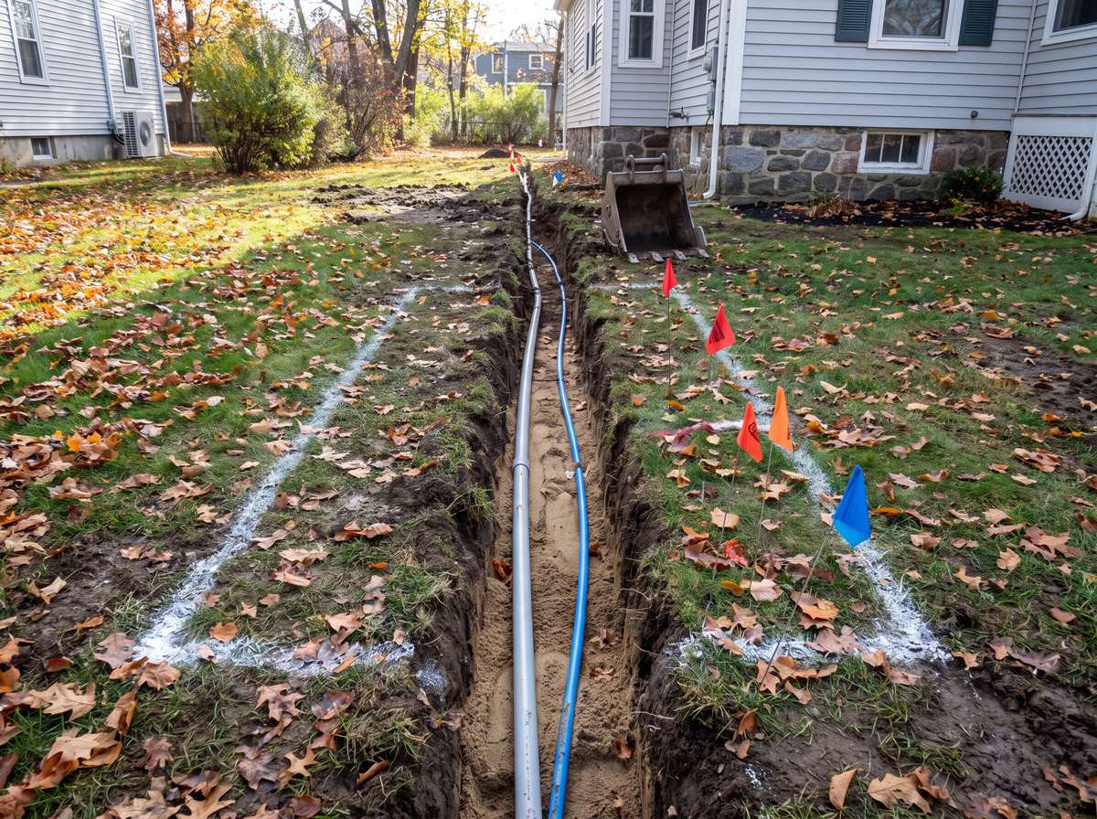 Utility trench with conduit, white premark paint and red, orange and blue utility flags marking underground lines