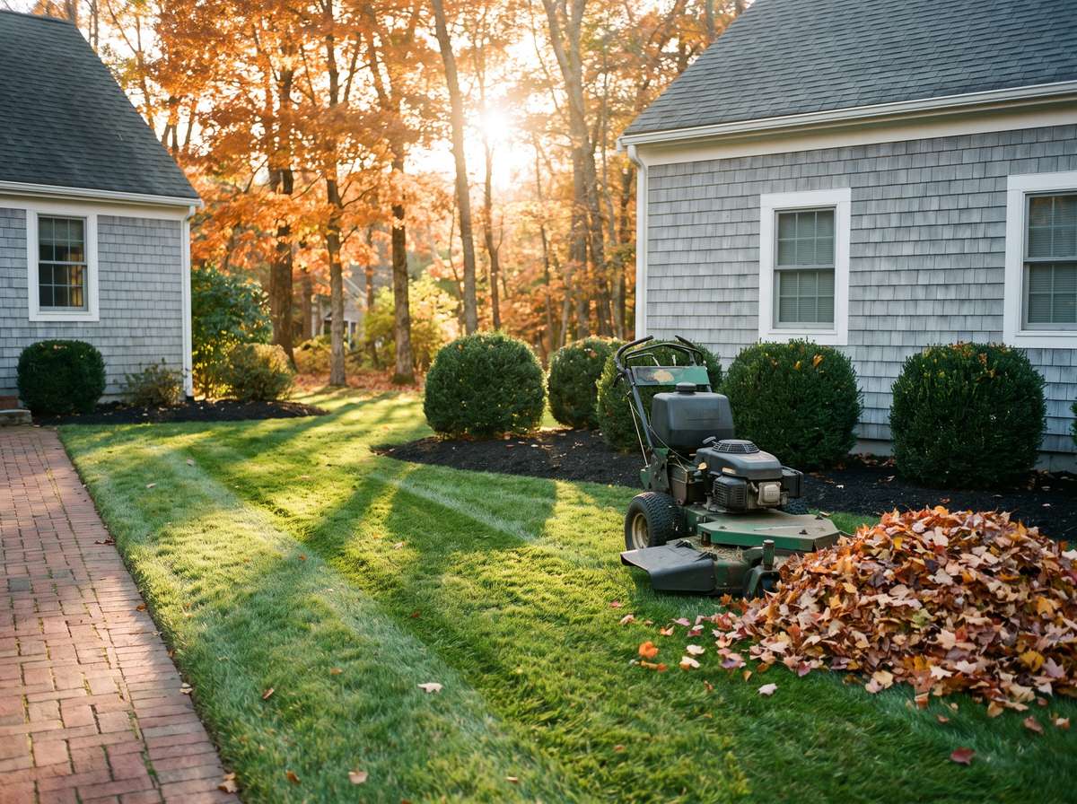 Striped lawn with fresh mulch beds and a leaf pile during seasonal property maintenance in southern New Hampshire