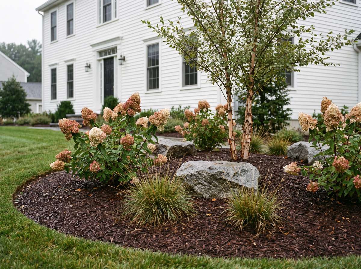 New planting bed with boulders, hydrangeas and a river birch, illustrating landscaping work in New Hampshire
