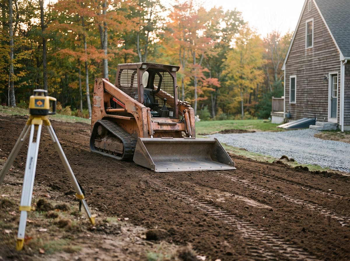 Track loader grading topsoil with a laser level on a tripod, illustrating rough and finish grading