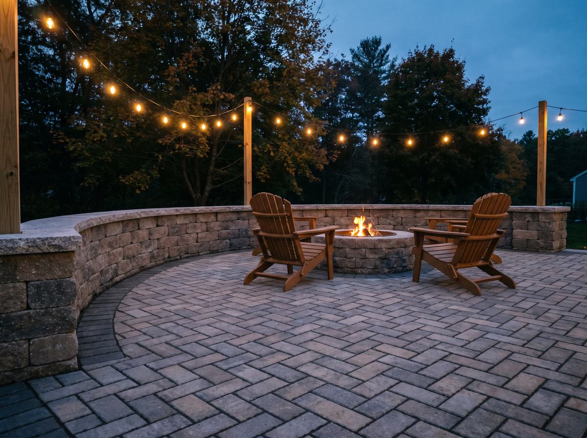 Herringbone paver patio with a block retaining wall and fire pit at dusk, illustrating hardscape work