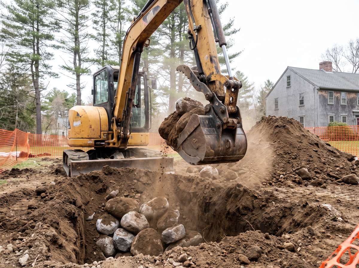 Compact excavator digging a foundation hole among granite stones in southern New Hampshire